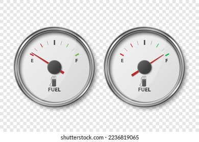 Vector 3d Realistic Silver Metallic Gas Fuel Tank Gauge, Oil Level Bar Set Isolated. Full and Empty. Car Dashboard Details. Fuel Indicator, Gas Meter, Sensor. Design Template