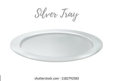 Vector 3d Realistic Silver Tray - Restaurant Metallic Salver. Shining Chrome Of Tray, Metallic Grey Platter. Kitchen Flatware For Food.