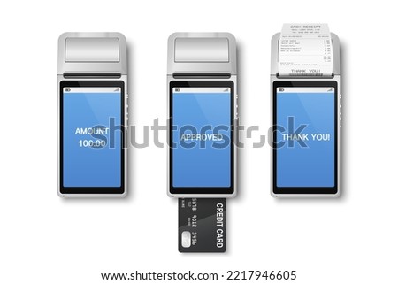 Vector 3d Realistic Silver Wi-Fi Payment Machine, Credit Card, Receipt. POS Terminal Isolated. Design Template, Bank Payment Terminal, Mockup. Processing NFC Payments Device. Top View