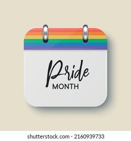 Vector 3d Realistic Simple Calendar Icon. Pride Month Celebrate Concept. LGBT Rainbow Colors, Gays, Lesbians Parade, Fight For Human Rights. Paper White Spiral Calendar On Wall