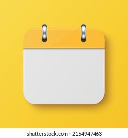 Vector 3d Realistic Simple Classic Minimalistic Yellow Calendar Icon on Yellow Wall Background. Design Template for Mockup. Paper Yellow Calendar on Wall. Background with Calendar, Copy Space