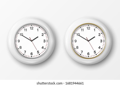 Vector 3d Realistic Simple Round White Wall Office Clock with White Dial Icon Set Closeup Isolated on White Background. Design Template, Mock-up for Branding, Advertise. Front or Top View