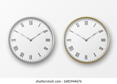 Vector 3d Realistic Simple Round Silver and Gold Wall Office Clock with White Dial Icon Set Closeup Isolated on White Background. Design Template, Mock-up for Branding, Advertise. Front or Top View