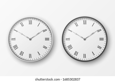 Vector 3d Realistic Simple Round White and Black Wall Office Clock with White Dial Icon Set Closeup Isolated. Design Template, Mock-up for Branding, Advertise. Front or Top View
