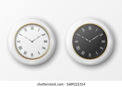 Vector 3d Realistic Simple Round White Wall Office Clock with White and Black Dial Icon Set Closeup Isolated. Design Template, Mock-up for Branding, Advertise. Front or Top View