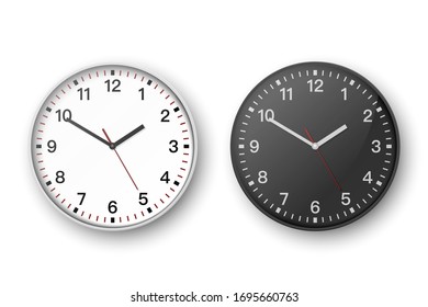 Vector 3d Realistic Simple Round White and Black Wall Office Clock Set. White and Black Dial. Closeup Isolated on White Background. 