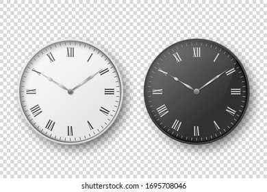 Vector 3d Realistic Simple Round Wall Office Clock Set. White and Black Dial. Closeup Isolated on Transparent Background. 