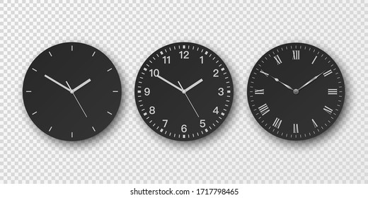 Vector 3d Realistic Simple Round Wall Office Clock Set. Black Dial. Closeup Isolated on Transparent Background. Design Template, Mock-up for Branding, Advertise. Front or Top View