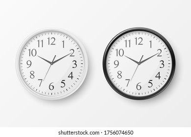 Vector 3d Realistic Simple Round White and Black Wall Office Clock with White Dial Icon Set Closeup Isolated on White Background. Design Template, Mock-up for Branding, Advertise. Front or Top View
