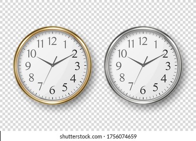 Vector 3d Realistic Simple Round Silver and Golden Wall Office Clock with White Dial Icon Set Closeup Isolated on White Background. Design Template, Mock-up for Branding, Advertise. Front or Top View