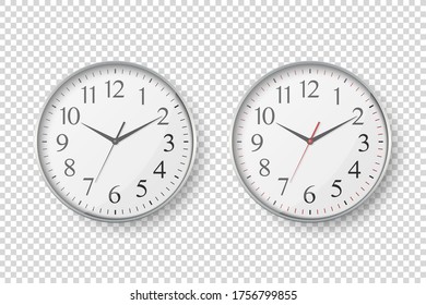 Vector 3d Realistic Simple Round Silver Wall Office Clock with White Dial Icon Set Closeup Isolated on Transparent Background. Design Template, Mock-up for Branding, Advertise. Front or Top View