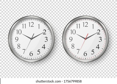 Vector 3d Realistic Simple Round Silver Wall Office Clock with White Dial Icon Set Closeup Isolated on Transparent Background. Design Template, Mock-up for Branding, Advertise. Front or Top View