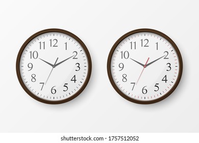 Vector 3d Realistic Simple Round Wooden Wall Office Clock with White Dial Icon Set Closeup Isolated on White Background. Design Template, Mock-up for Branding, Advertise. Front or Top View