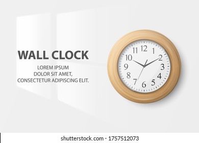 Vector 3d Realistic Simple Round Wooden Wall Office Clock with White Dial Closeup Isolated on White Background. Design Template, Mock-up for Branding, Advertise. Front View