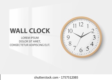 Vector 3d Realistic Simple Round Wooden Wall Office Clock with White Dial Closeup Isolated on White Background. Design Template, Mock-up for Branding, Advertise. Front View