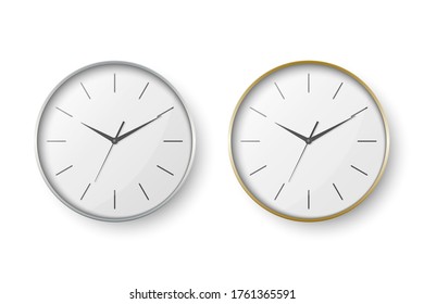 Vector 3d Realistic Simple Round Silver and Golden Wall Office Clock with White Dial Icon Set Closeup Isolated on White Background. Design Template, Mock-up for Branding, Advertise. Front or Top View