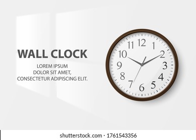 Vector 3d Realistic Simple Round Wooden Wall Office Clock with White Dial Closeup Isolated on White Background. Design Template, Mock-up for Branding, Advertise. Front View