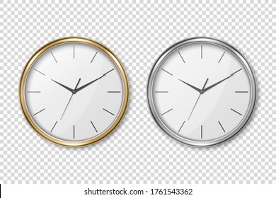 Vector 3d Realistic Simple Round Silver, Golden Wall Office Clock with White Dial Icon Set Closeup Isolated on Transparent Background. Design Template, Mock-up for Branding, Advertise. Front, Top View