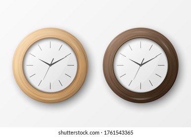 Vector 3d Reloj de oficina de pared de madera redondeada simple realista con icono de marcado blanco cerrado aislado en fondo blanco. Plantilla de diseño, maqueta para promoción de marca, publicidad. Vista frontal o superior