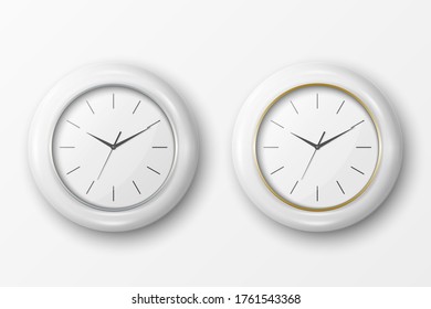 Vector 3d Realistic Simple Round White Wall Office Clock with White Dial Icon Set Closeup Isolated on White Background. Design Template, Mock-up for Branding, Advertise. Front or Top View