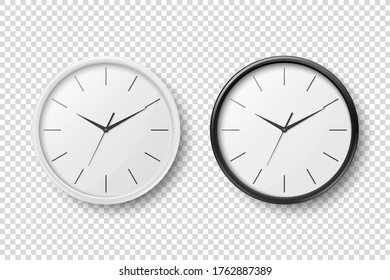 Vector 3d Realistic Simple Round White, Black Wall Office Clock with White Dial Icon Set Closeup Isolated on Transparent Background. Design Template, Mock-up for Branding, Advertise. Front, Top View