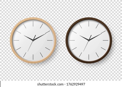 Vector 3d Realistic Simple Round Wooden Wall Office Clock with White Dial Icon Set Closeup Isolated on Transparent Background. Design Template, Mock-up for Branding, Advertise. Front or Top View