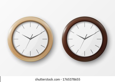 Vector 3d Realistic Simple Round Wooden Wall Office Clock with White Dial Icon Set Closeup Isolated on White Background. Design Template, Mock-up for Branding, Advertise. Front or Top View