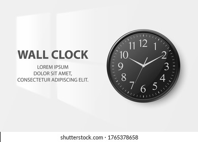 Vector 3d Realistic Simple Round Black Wall Office Clock with Black Dial Closeup Isolated on White Background. Design Template, Mock-up for Branding, Advertise. Front View