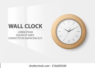 Vector 3d Realistic Simple Round Wooden Wall Office Clock with White Dial Closeup Isolated on White Background. Design Template, Mock-up for Branding, Advertise. Front View