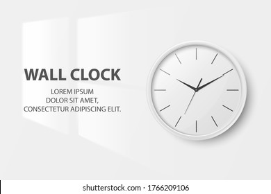 Vector 3d Realistic Simple Round White Wall Office Clock with White Dial Closeup Isolated on White Background. Design Template, Mock-up for Branding, Advertise. Front View