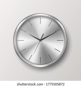 Vector 3d Realistic Simple Round Silver Chrome Wall Office Clock Icon Closeup Isolated on White Background. Design Template, Mock-up for Branding, Advertise. Front or Top View