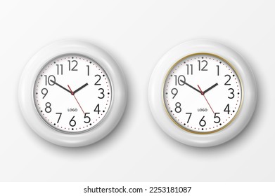 Vector 3d Realistic Simple Round White Wall Office Clock with White Dial Icon Set Closeup Isolated on White Background. Design Template, Mock-up for Branding, Advertise. Front or Top View