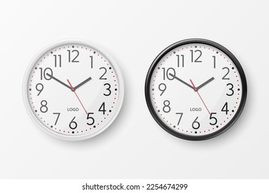 Vector 3d Realistic Simple Round White and Black Wall Office Clock with White Dial Icon Set Closeup Isolated on White Background. Design Template, Mock-up for Branding, Advertise. Front or Top View - Shutterstock ID 2254674299