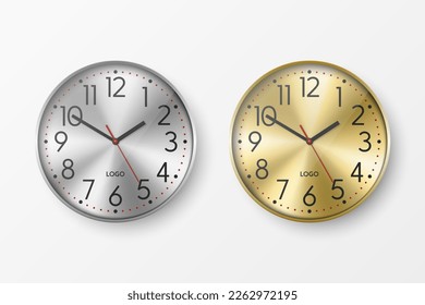 Vector 3d Realistic Simple Round Yellow Golden and Gray Silver Wall Office Clock with White Dial Set Closeup Isolated. Design Template, Mock-up for Branding, Advertise. Front or Top View