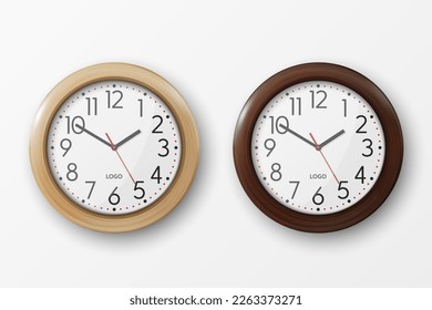 Vector 3d Realistic Simple Round Brown Wooden Wall Office Clock with White Dial Icon Set Closeup Isolated on White Background. Design Template, Mock-up for Branding, Advertise. Front or Top View