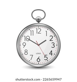 Vector 3d Realistic Simple Round Metal Gray Silver Wall Office Clock with White Dial Icon Closeup Isolated on White Background. Design Template, Mock-up for Branding, Advertise. Front View
