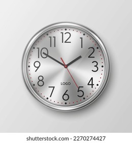Vector 3d Realistic Simple Round Gray Silver Wall Office Clock with Steel or Chrome Metal Golden Dial Icon Closeup Isolated. Design Template, Mock-up for Branding, Advertise. Front or Top View