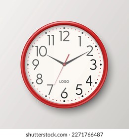 Vector 3d Realistic Simple Round Red Wall Office Clock with White Dial Icon Closeup Isolated on White Backgound. Design Template, Mock-up for Branding, Advertise. Front, Top View