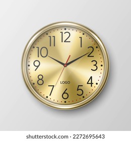 Vector 3d Realistic Simple Round Yellow Golden Wall Office Clock with Yellow Metal Golden Dial Icon Closeup Isolated. Design Template, Mock-up for Branding, Advertise. Front or Top View