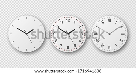 Vector 3d Realistic Simple Round Wall Office Clock Set. White Dial. Closeup Isolated on Transparent Background. Design Template, Mock-up for Branding, Advertise. Front or Top View