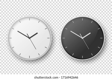 Vector 3d Realistic Simple White Round Wall Office Clock Set. White and Black Dial. Closeup Isolated on Transparent Background. Design Template, Mock-up for Branding, Advertise. Front or Top View