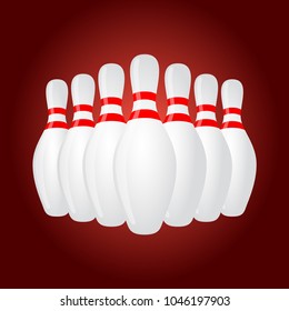 Vector 3d realistic skittles for bowling isolated on red background. Sport equipment concept