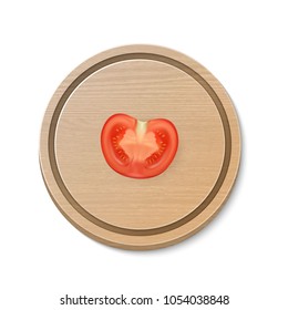 Vector 3d realistic slice juicy tomato on a round cutting board. Design template for graphics, closeup isolated on white background, top view