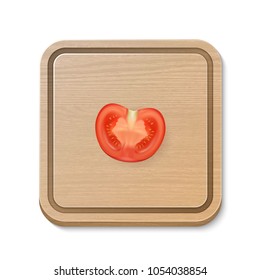 Vector 3d realistic slice juicy tomato on a square cutting board. Design template for graphics, closeup isolated on white background, top view