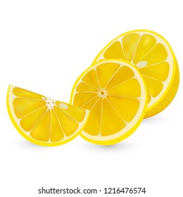 Vector 3d realistic sliced lemon. Isolated sliced lemon on white backgrpund. Citrus halves.