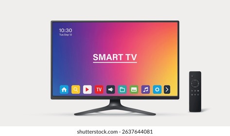 Vector 3d Realistic Smart TV and Remote Control, Isolated. Modern Smart TV. Realistic Smart TV for Technology Mockup. Stylish Television and Remote for App and Branding. Vector Illustration