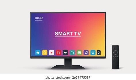 Vector 3d Realistic Smart TV and Remote Control, Isolated. Modern Smart TV. Realistic Smart TV for Technology Mockup. Stylish Television and Remote for App and Branding. Vector Illustration
