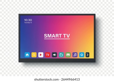 Vetor 3d Realista Smart TV Interface com aplicativos na tela. Montagem de televisão plana inteligente com ícones de aplicativo remoto, exibição de mídia doméstica colorida, painel de transmissão contínua, painel de exibição inteligente, TV moderna