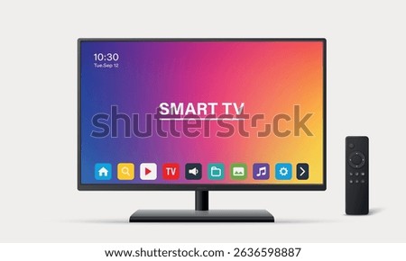 Vector 3d Realistic Smart TV and Remote Control, Isolated. Modern Smart TV. Realistic Smart TV for Technology Mockup. Stylish Television and Remote for App and Branding. Vector Illustration