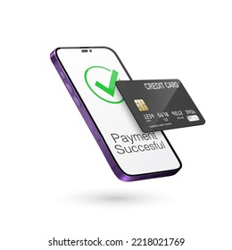 Vector 3d Realistic Smartphone, Credit Card, Wi-Fi Successful Payment. Concept of Payment for Purchases by Card, Online Shopping. Design Template, Bank POS Terminal, Mockup. Processing NFC Device